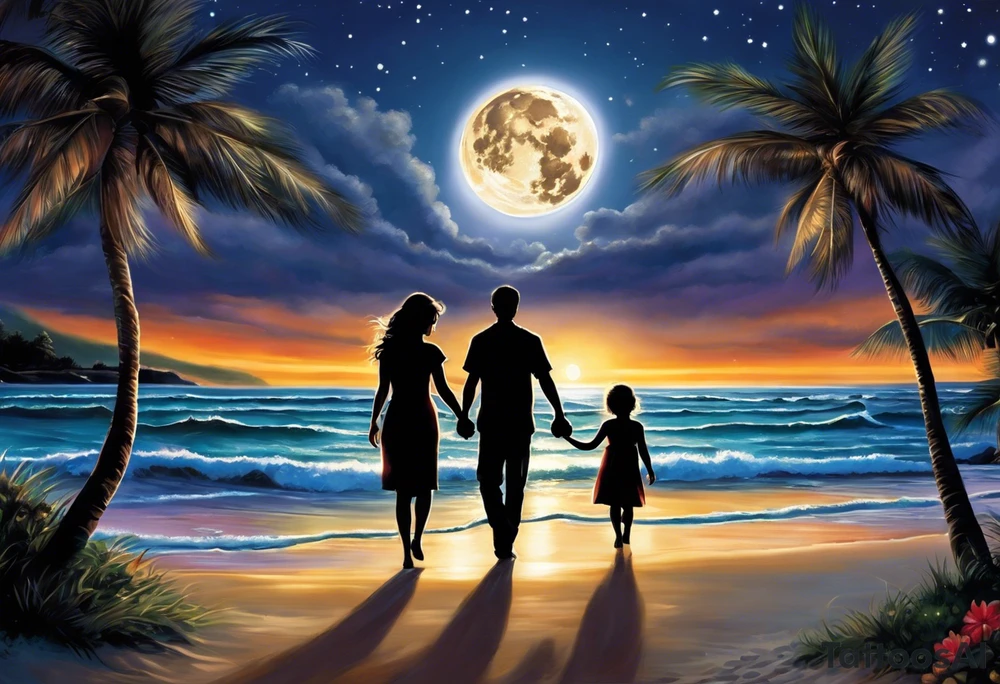Create a stunning image of a realistic tattoo design that features a husband and wife holding hands, accompanied by their two children, walking along a beautiful beach. The moon shines radiantly in the night sky, illuminating the serene scene. Let your creativity flourish as you envision the intricate details that bring this tattoo to life, encapsulating the essence of love, family, and the awe-inspiring beauty of nature. tattoo idea