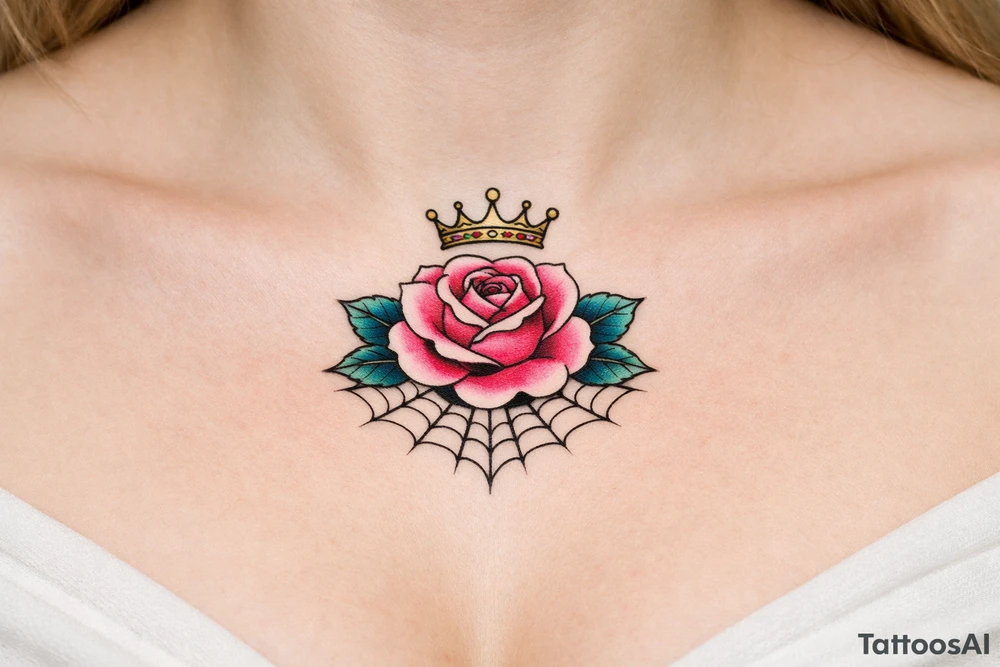 Pink and petrol rose , petrol leaves no stem, minimalist crown above it, spider web beneath tattoo idea