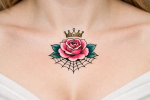 Pink and petrol rose , petrol leaves no stem, minimalist crown above it, spider web beneath tattoo idea