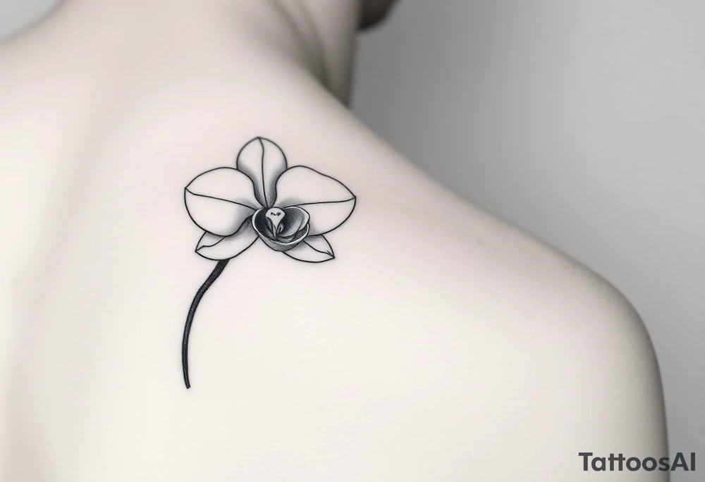 A delicate, black and white fine-line tattoo for make, featuring a gracefully detailed orchid in full bloom (stem and at least 2 flowers), with soft, intricate petals and elegant curves. Beside it, a hummingbird hovers mid-flight, its wings drawn with subtle motion lines, its slender beak reaching toward the orchid’s center to drink its nectar. The design captures a sense of balance and harmony, with the contrast between the stillness of the flower and the gentle energy of the bird. Perfectly suited for the upper arm, this piece combines nature’s beauty and movement in a timeless, minimalist style tattoo idea