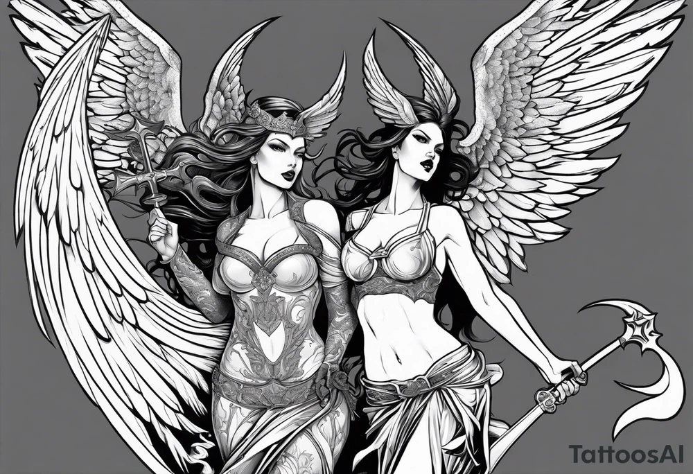 angel woman and devil woman fighting, arguing on the sky , big wings and full body, angel at the right side and have normal wing but devil woman at the left side and with bat wing tattoo idea