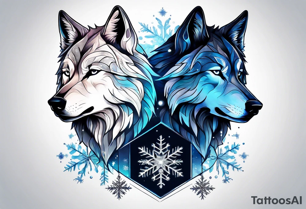 Constellation, two animal wolf, snowflake tattoo idea