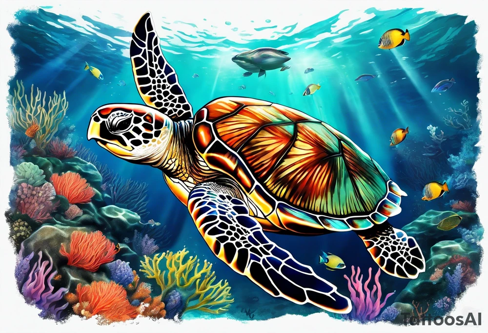 large sea turtle with the back right fin in lower left corner surrounded by coral and kelp tattoo idea