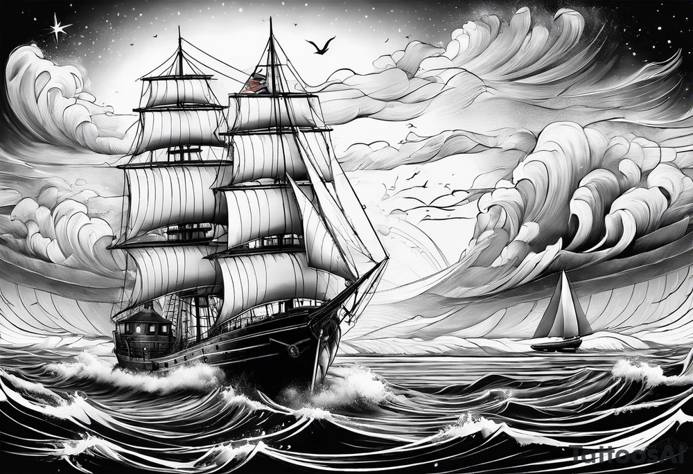 ghost marine lighthouse behind the bow of a sailboat. tattoo idea