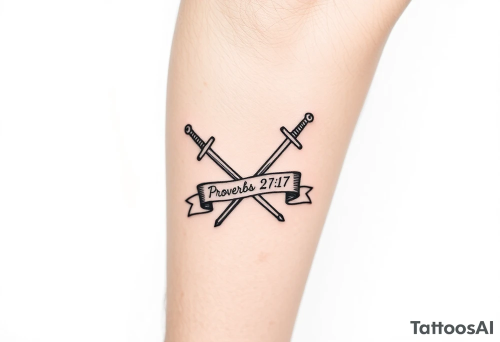 Two swords in a forearm tattoo sketch style, with a flowing banner that reads “Proverbs 27:17” Black ink, simple and bold. tattoo idea