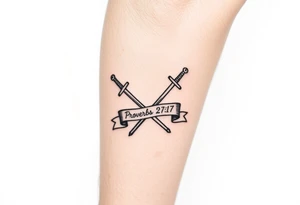 Two swords in a forearm tattoo sketch style, with a flowing banner that reads “Proverbs 27:17” Black ink, simple and bold. tattoo idea