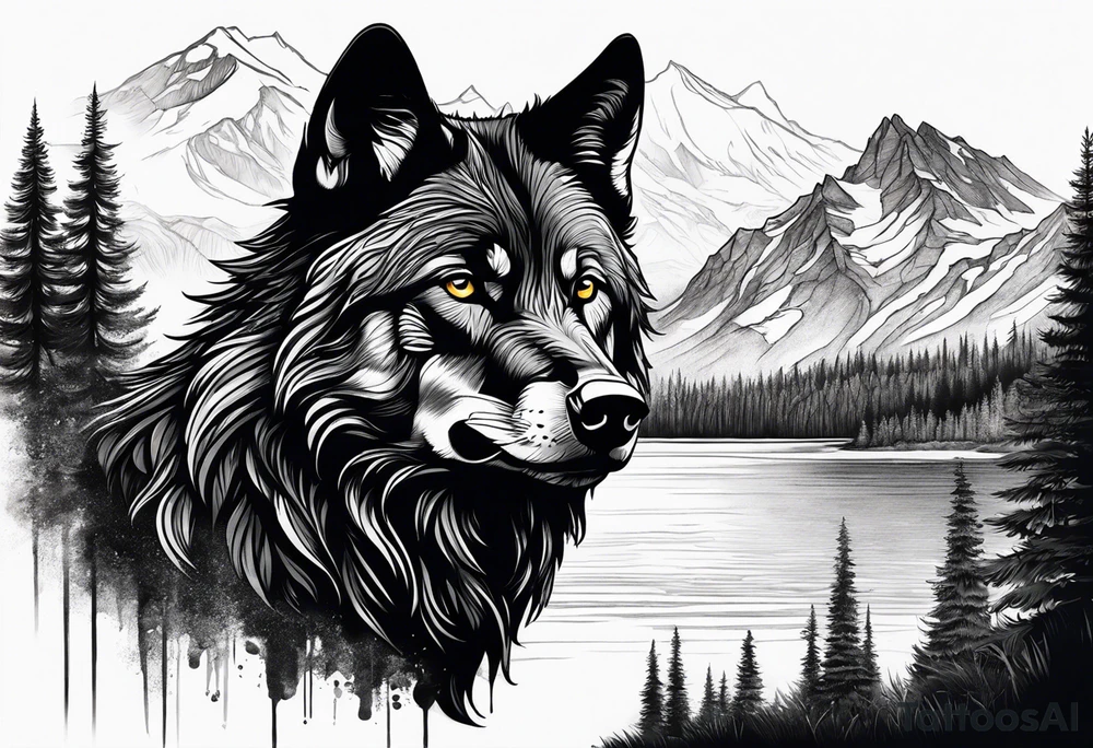 Create a tattoo of a black wolf with mountain/lake but different tattoo idea