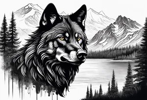 Create a tattoo of a black wolf with mountain/lake but different tattoo idea