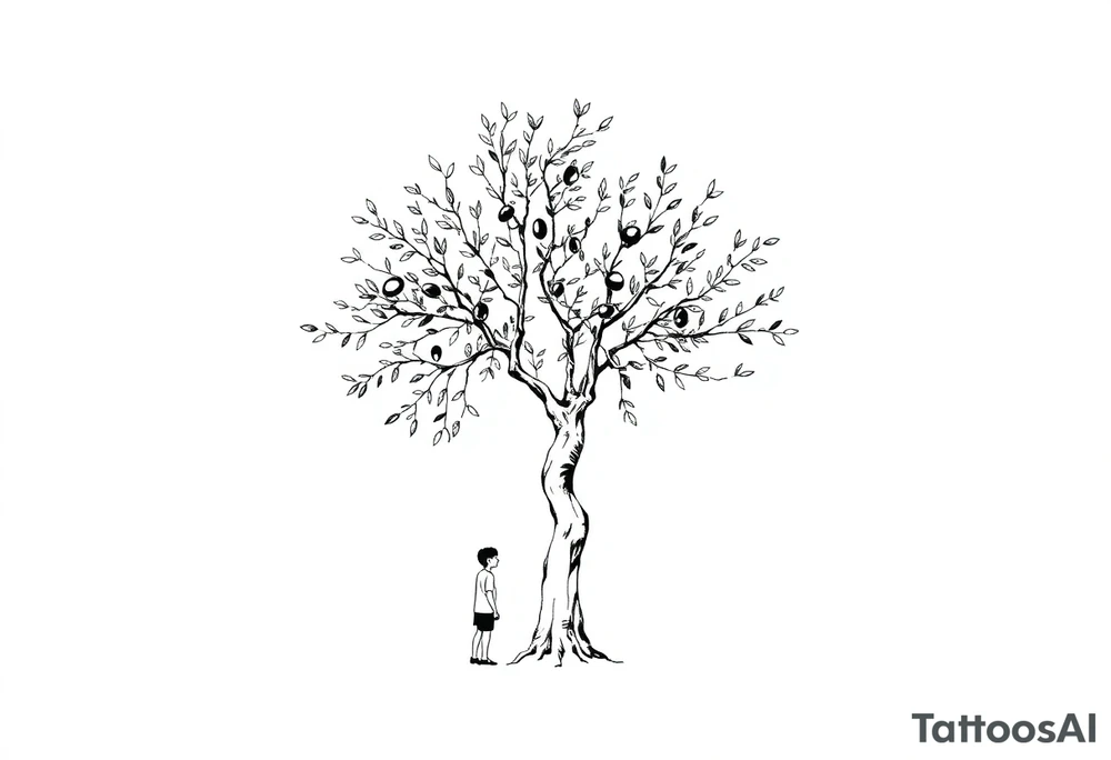 People under big olive tree tattoo idea