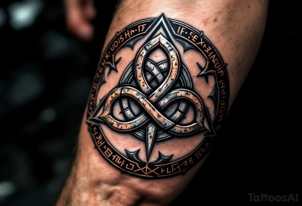 A heavy, Viking-style triskelion with a weathered iron or bronze texture, detailed with runes and Norse knotwork. Dark silver, deep copper, and black shading create a rugged, ancient look, symbolizing strength, resilience, and fate. tattoo idea