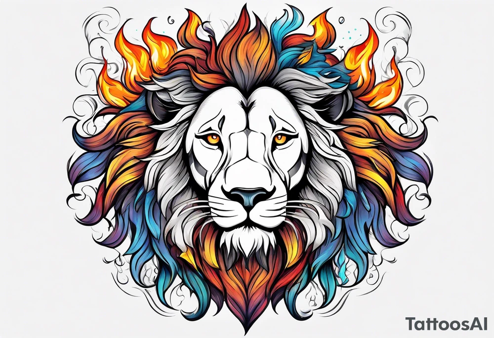 A  happy 
lion surrounded by fire in full color tattoo idea