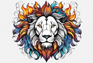 A  happy 
lion surrounded by fire in full color tattoo idea