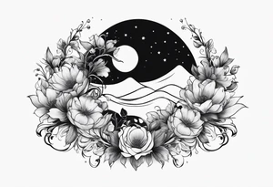 Crescent moon with a heart inside, shrouded by beautiful flowers with wisps of mist tattoo idea