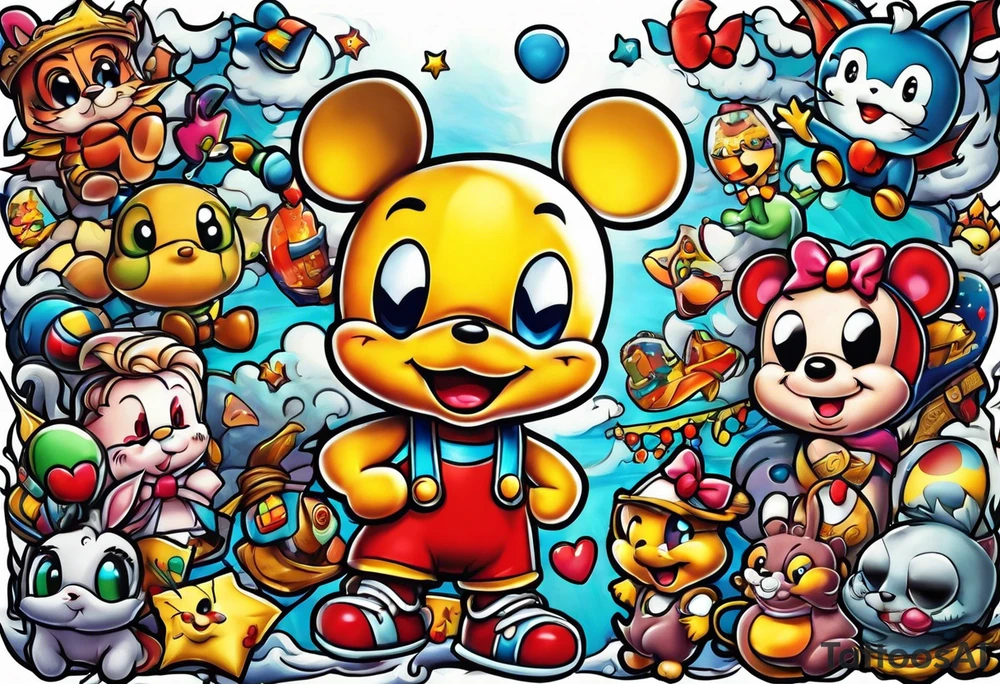 90’s baby tattoo with 90’s and 2000’s cartoons tattoo idea