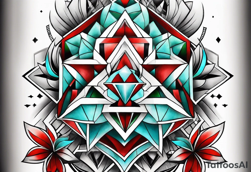 geometric style tattoo on knee with baby blue, red, and green accents. growth and change tattoo idea