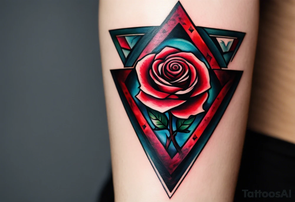 Design has three main elements, a rose, a tree and a triangle. The tree sits inside the triangle and the rose is length wise. The tattoo sits in the forearm. The tree and a triangle describes strength and resilience but also being down to earth and staying grounded. And the rose is a symbol of love and the loss of a loved one (my mother). The style should be aesthetically pleasing. tattoo idea