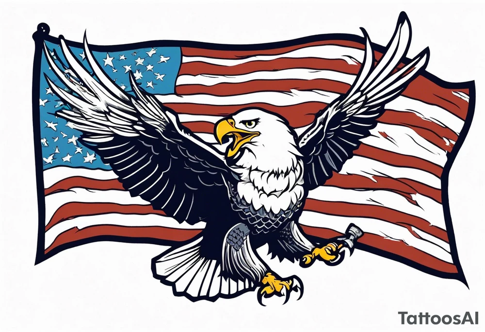 American eagle flying while holding American flag in beak and holding anchor in talons tattoo idea
