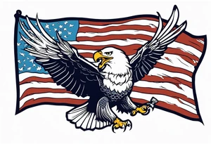 American eagle flying while holding American flag in beak and holding anchor in talons tattoo idea