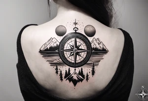 compass on shoulder with grand Tetons in the middle tattoo idea