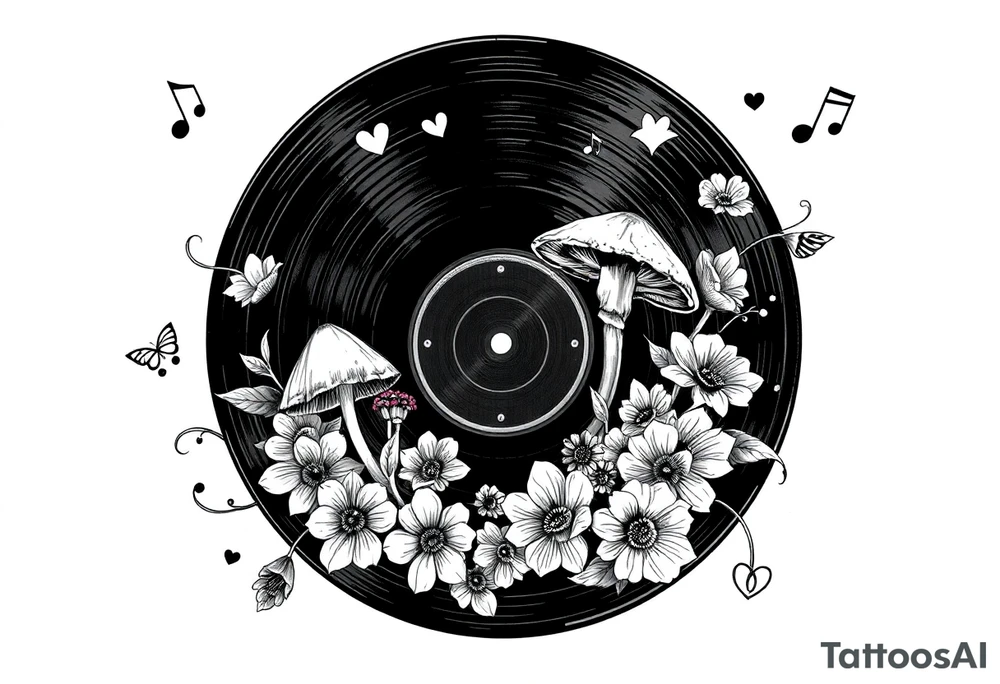 vinyl record with mushrooms, flowers, hearts, and music notes tattoo idea