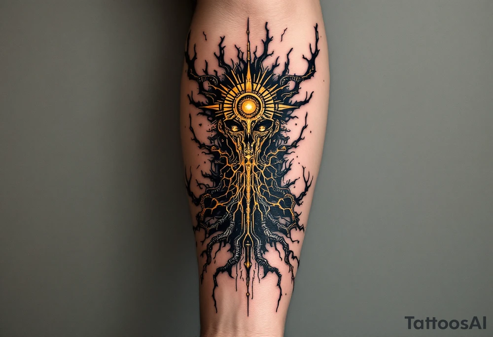 A fusion design of organic veins and robotic elements in jet black and bronze, blending with skin through shadowed transitions. tattoo idea