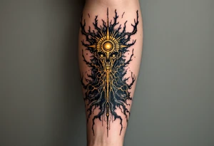 A fusion design of organic veins and robotic elements in jet black and bronze, blending with skin through shadowed transitions. tattoo idea