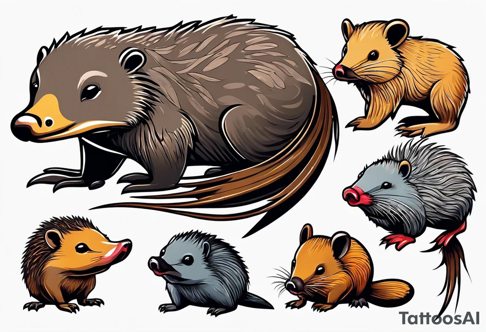 Australian Platypus, Echidna, Wombat & Sugar Glider together tattoo idea