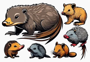 Australian Platypus, Echidna, Wombat & Sugar Glider together tattoo idea