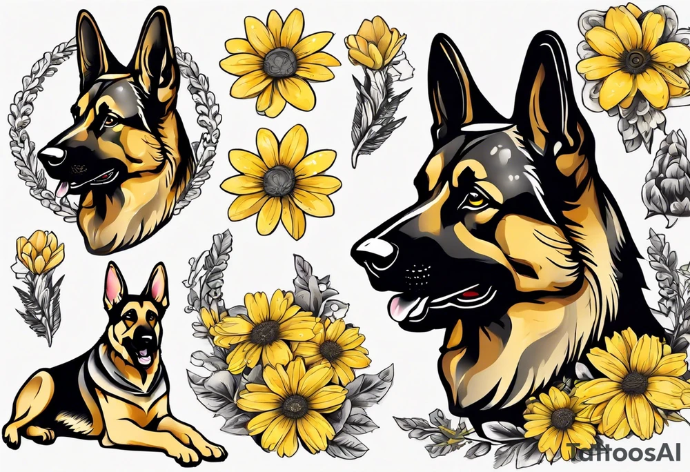German shepherd portrait surrounded by yellow daisies tattoo idea