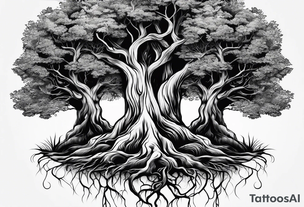 3 Forest trees growing out of the same root tattoo idea