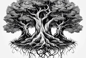3 Forest trees growing out of the same root tattoo idea