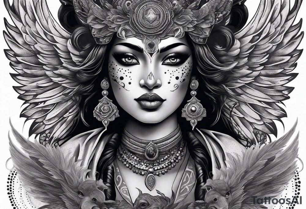 black kali, goddess pirate, alien, angel, pachamama, valkrye, warrior, flying, skull, lotus azul, wing, eagle, zenza resonance, stars, 5D, anahata chakra, death, durga, riding on a tiger, flying lady, kundalini, chest tatoo, samuri, rebel, serpent tattoo idea