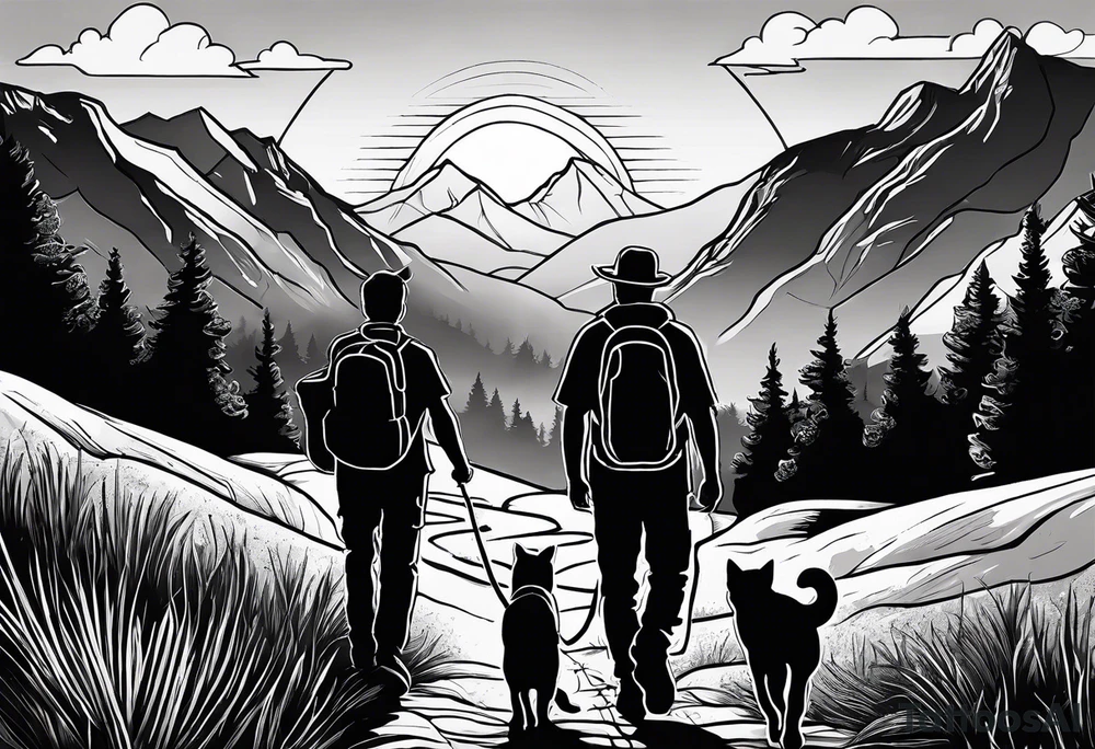 nature, sunset, mountains, a father and son hiking with their dog and cat and a cross tattoo idea