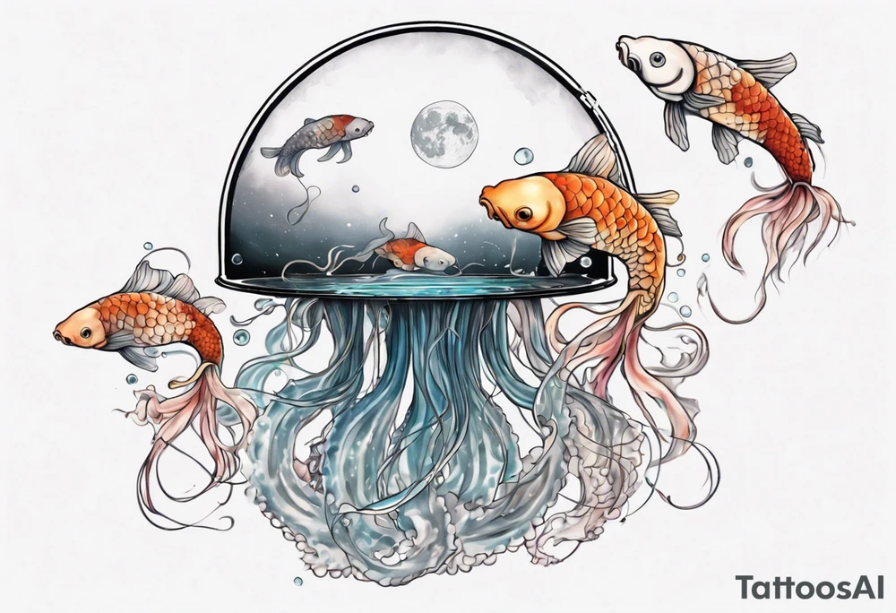 1 jellyfish with the moon in the lid. Then with mini koi carp and jellyfish swimming amongst the tentacles tattoo idea