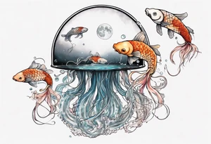 1 jellyfish with the moon in the lid. Then with mini koi carp and jellyfish swimming amongst the tentacles tattoo idea