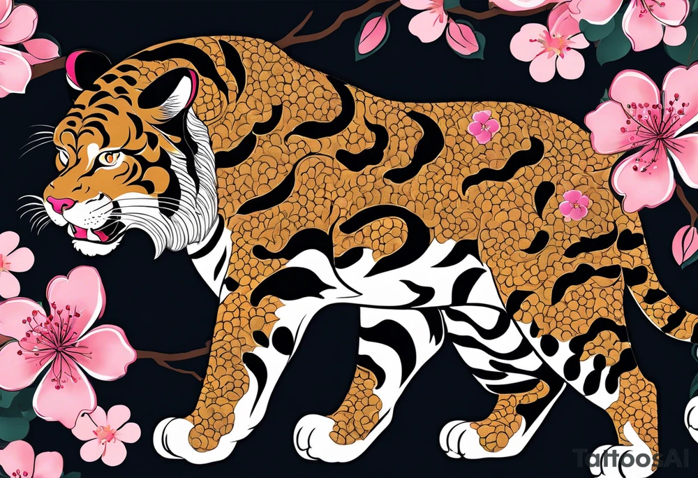 An irezumi style big cat, which looks like the traditional japanese drawing of a tiger. The colour and pattern of a jaguar on the body of the big cat. It should be climbing upwards, with the head looking to the right. The background is a stylised cherry blossom tree with multiple shades of pink for the blossoms. The colours of the background are not dark, so that the jaguar stands out against the background. 
The drawing must be traditional japanese style tattoo tattoo idea