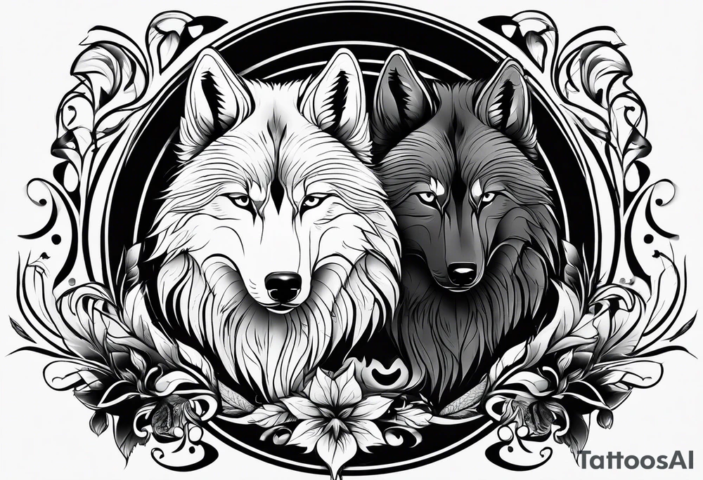 Black wolf reflection to white wolf tattoo idea