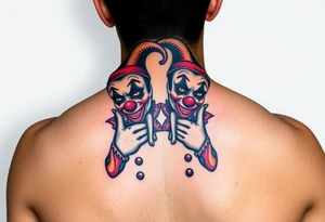 two jester clowns standing behind each other holding cheeks up to smile tattoo idea