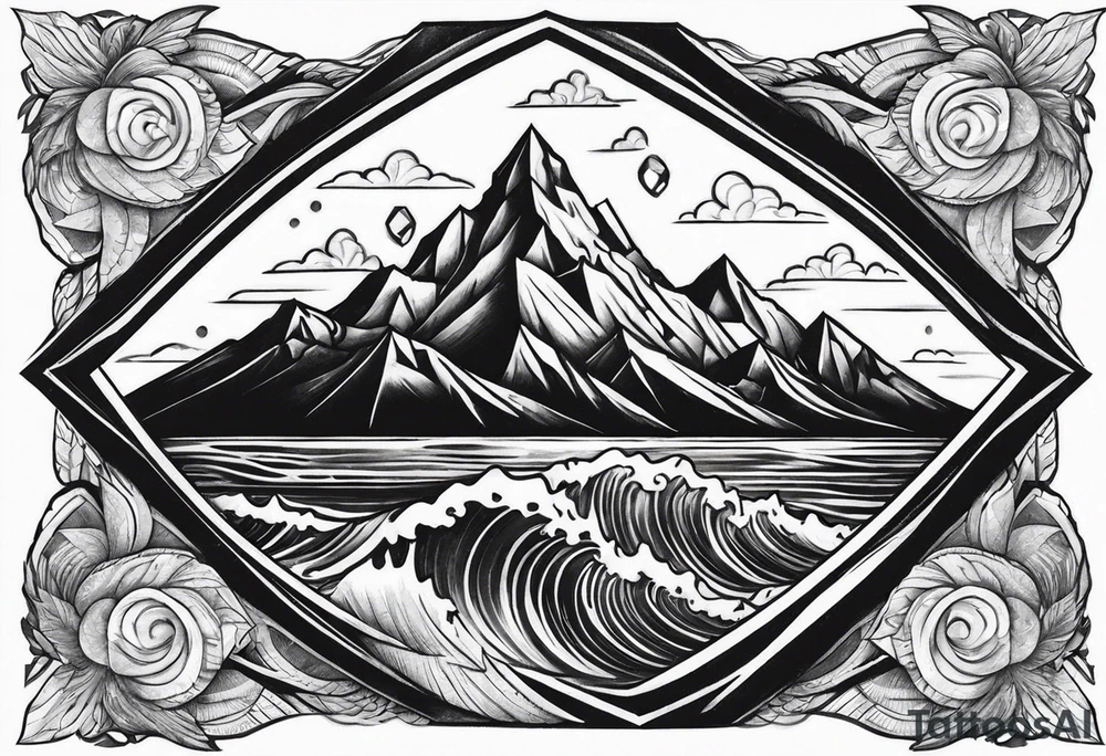 Mountains and big ocean waves  crashing diamond shape tattoo idea