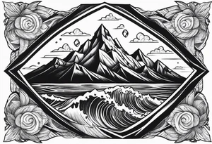 Mountains and big ocean waves  crashing diamond shape tattoo idea