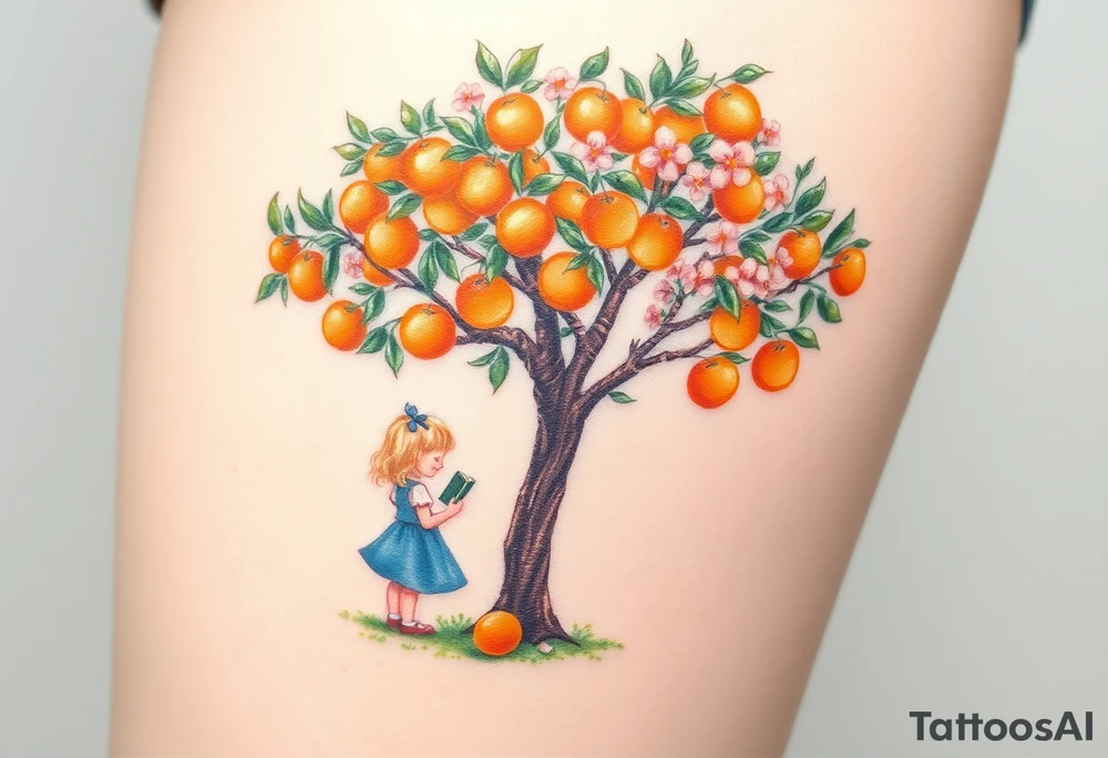 An orange tree with only a few oranges and full of flowers. Under the tree, a little blond girl wearing a blue dress while reading. 


. tattoo idea