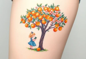An orange tree with only a few oranges and full of flowers. Under the tree, a little blond girl wearing a blue dress while reading. 


. tattoo idea