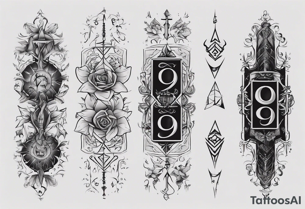 number 9 right side up and upside down connected tattoo black and grey on inside forearm 9:16 aspect ratio tattoo idea