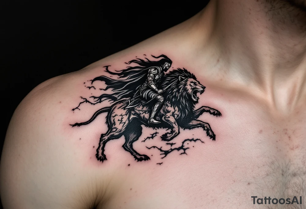 Black warrior riding on top of lion into battle tattoo idea