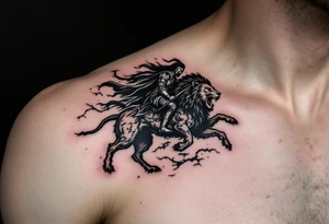 Black warrior riding on top of lion into battle tattoo idea