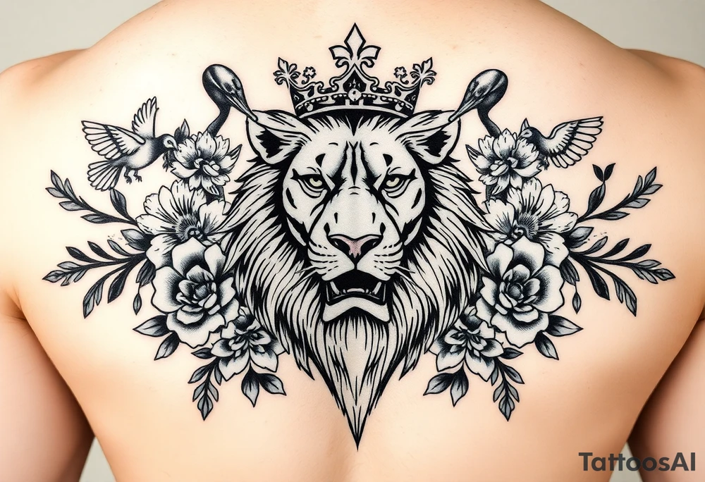 powerful majestic lion with a crown, surrounded by floral ornaments and birds tattoo idea