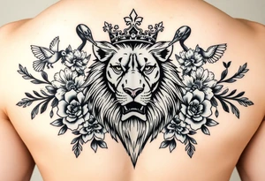 powerful majestic lion with a crown, surrounded by floral ornaments and birds tattoo idea