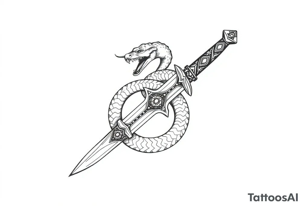 mystical snake coiled around an ancient dagger with jeweled hilt tattoo idea