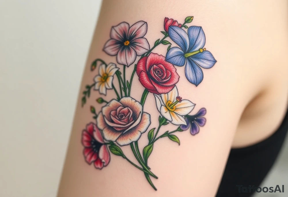 A Christian tattoo representing from death to life or old to new. Incorporate the following flowers in a bouquet coming out of the life (new) side. Morning Glory, Lily of the Valley, Daffodil, Rose, Poppy, Violet tattoo idea