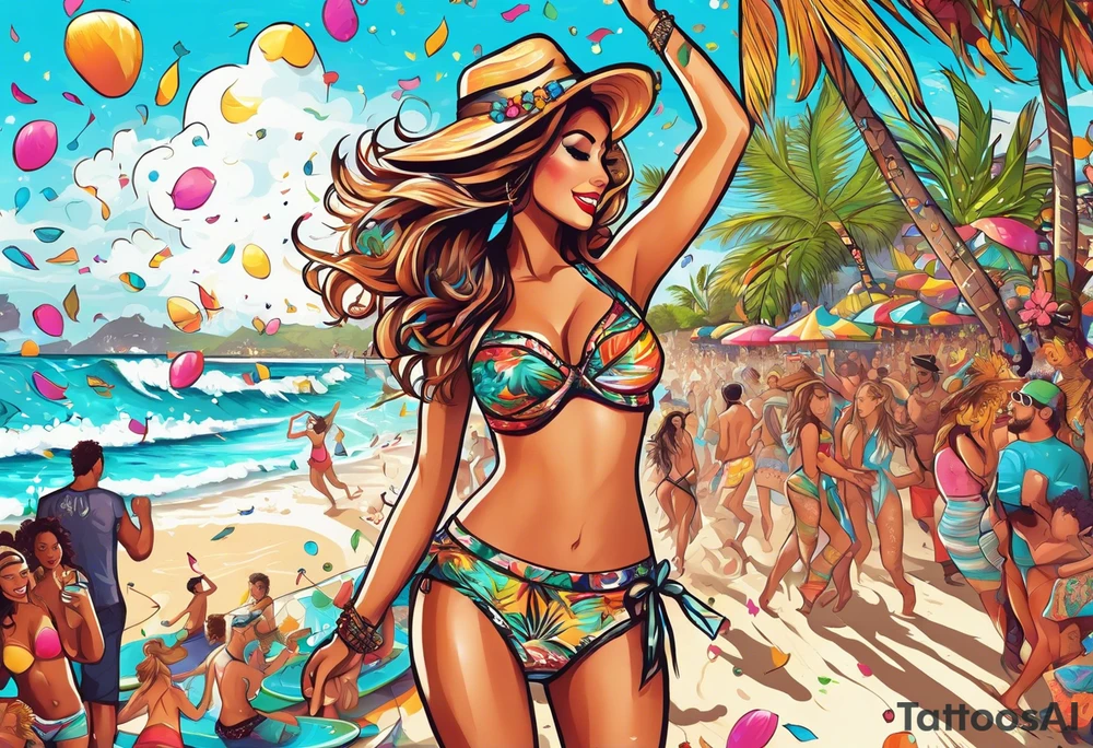SURFING SAFARI BEACH DANCE 
PARTY WITH CONFETTI AND MUSIC NOTES, TROPICAL DRINKS, SEXY BIKINIS tattoo idea
